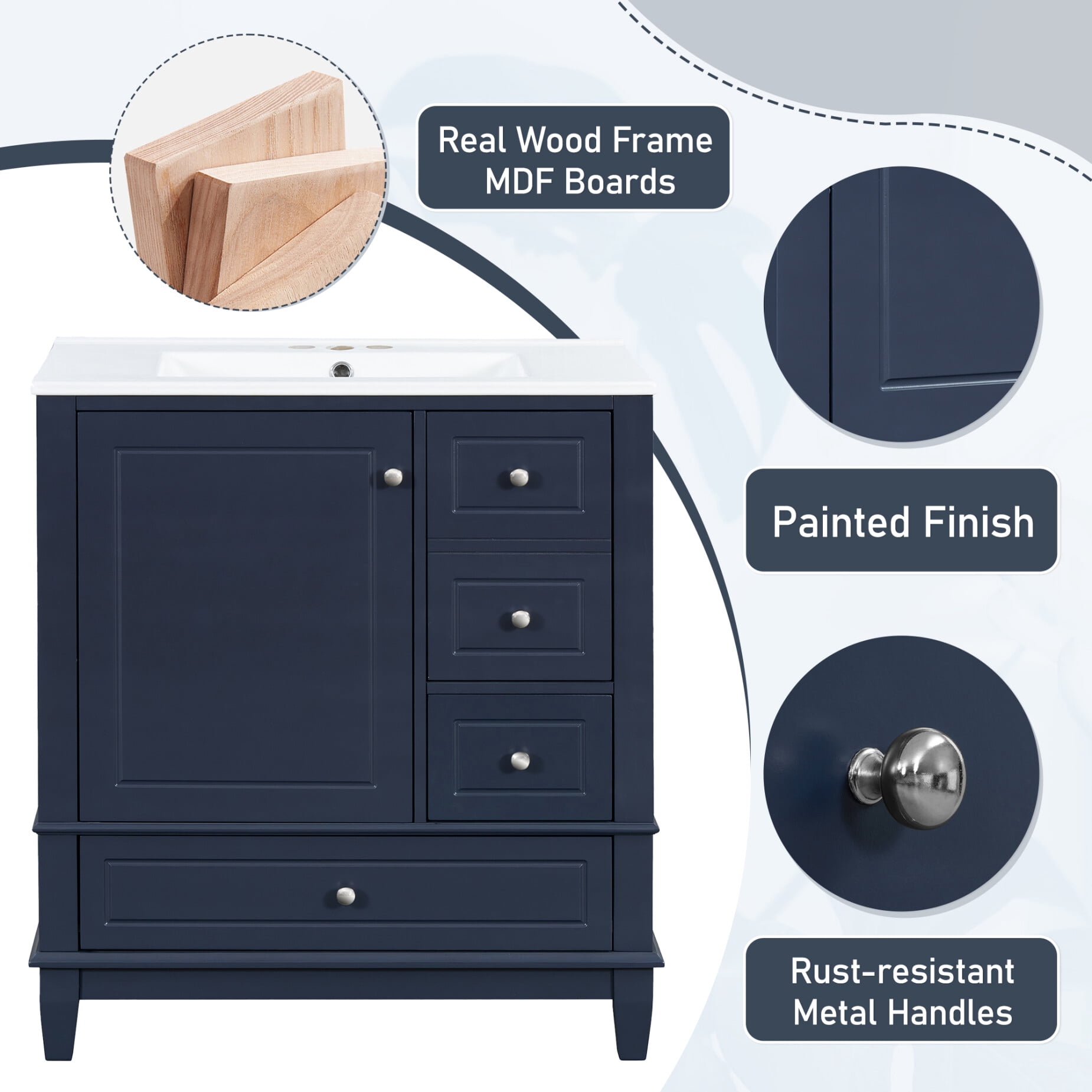 30" Bathroom Vanity with Sink Combo, Modern Bathroom Storage Cabinet with 3 Drawers and 1 Soft Closing Door, Freestanding Solid Wood Bathroom Vanities, Blue