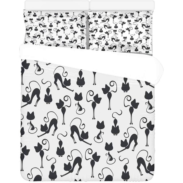 Juego de ropa de cama de 3 piezas Funda nórdica de gatos negros Lindos con 2 fundas de almohada ABPHQTO