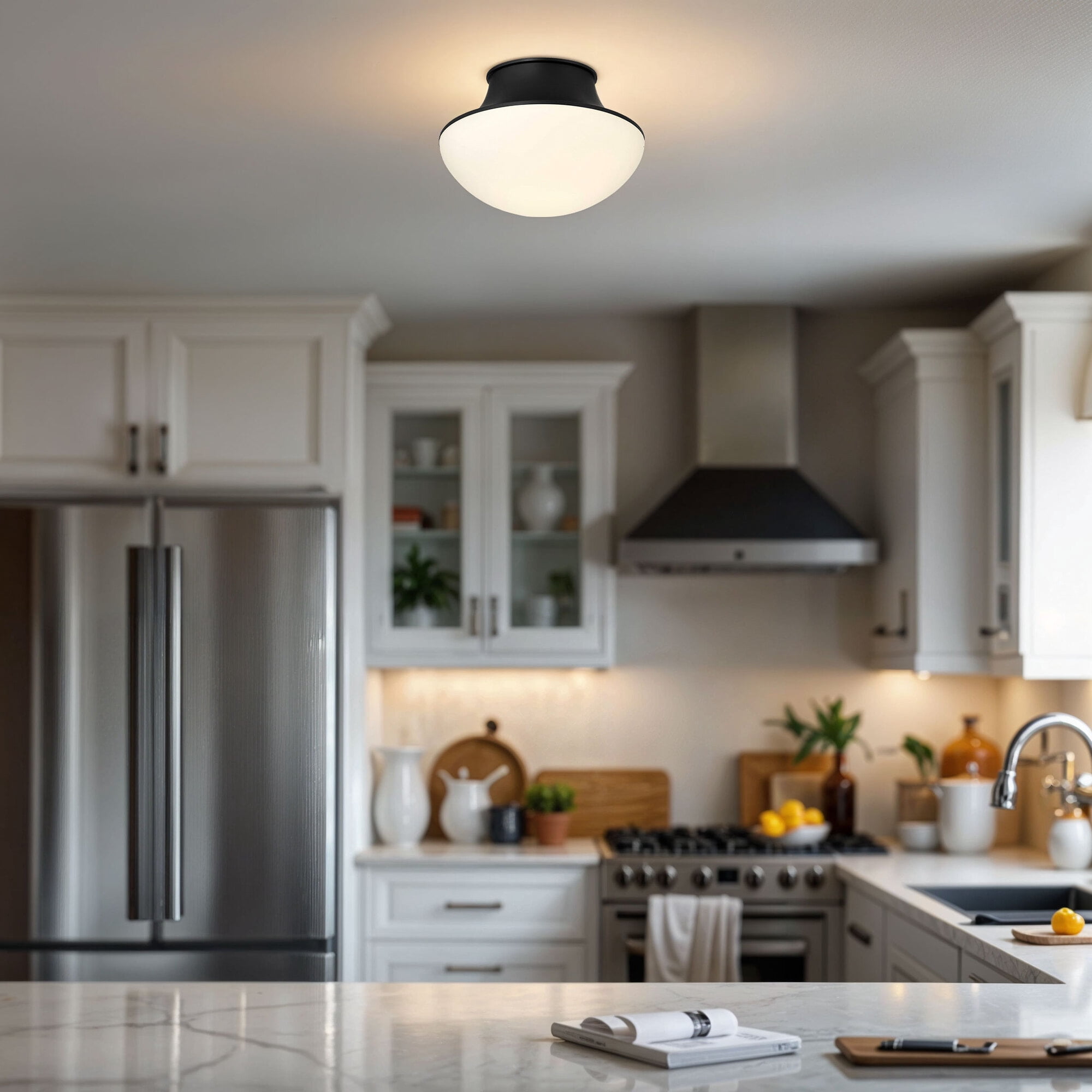 Kenroy Home Chelsea 7'' Flush Mount Ceiling Light Fixture with White Glass Bowl Shade for Entryway, Hallway, Closet, or Bedroom, Black