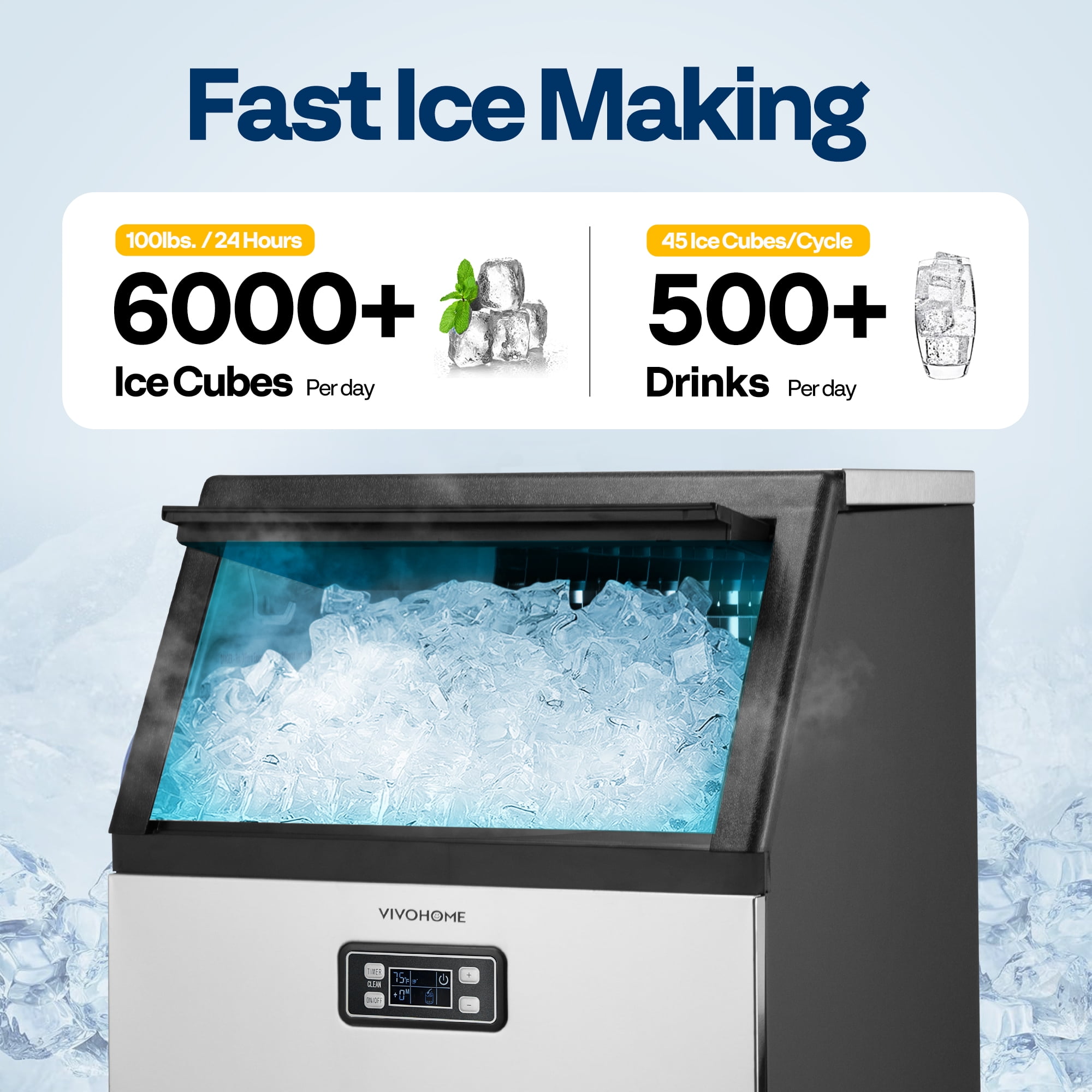 SPECSTAR Commercial Ice Maker 100lbs/24h,Ice Machine with 29lbs Storage 45 Cubes,Stainless Steel Construction,Auto Operation for Bar Home Supermarkets Includes Scoop and Con,Sliver