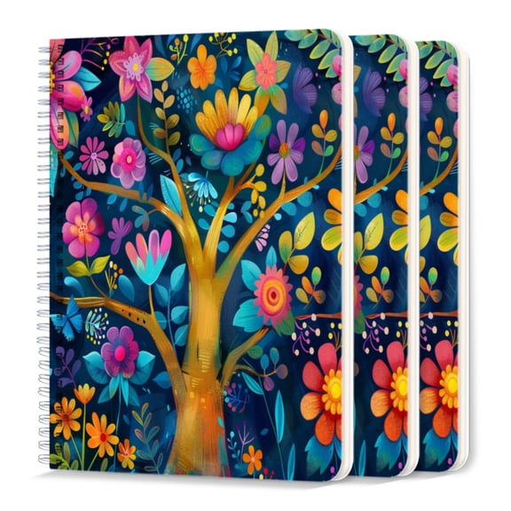Spiral Journal Notebook,50 Sheets A5 College Ruled Notebook/Journal 3 Pcs for School Office Home - Colorful Tree of Life With Flowers With Vibrant Leaves And Colors