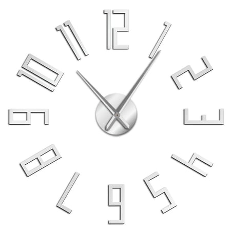 Big Arabic Numerals Frameless Wall Clock Stickers, DIY Modern Decorative Clocks for Living Room, Bedroom, Office - Easy to Install, Large 3D Clock Design (Silver,37in)