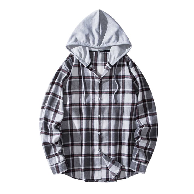 Long Sleeve Shirt men Casual Turndown Long Sleeve Button Closure Plaid Print Hooded Shirt Shirts for Men Long Sleeve Men Long Sleeve Shirt Men Shirts Long Sleeve