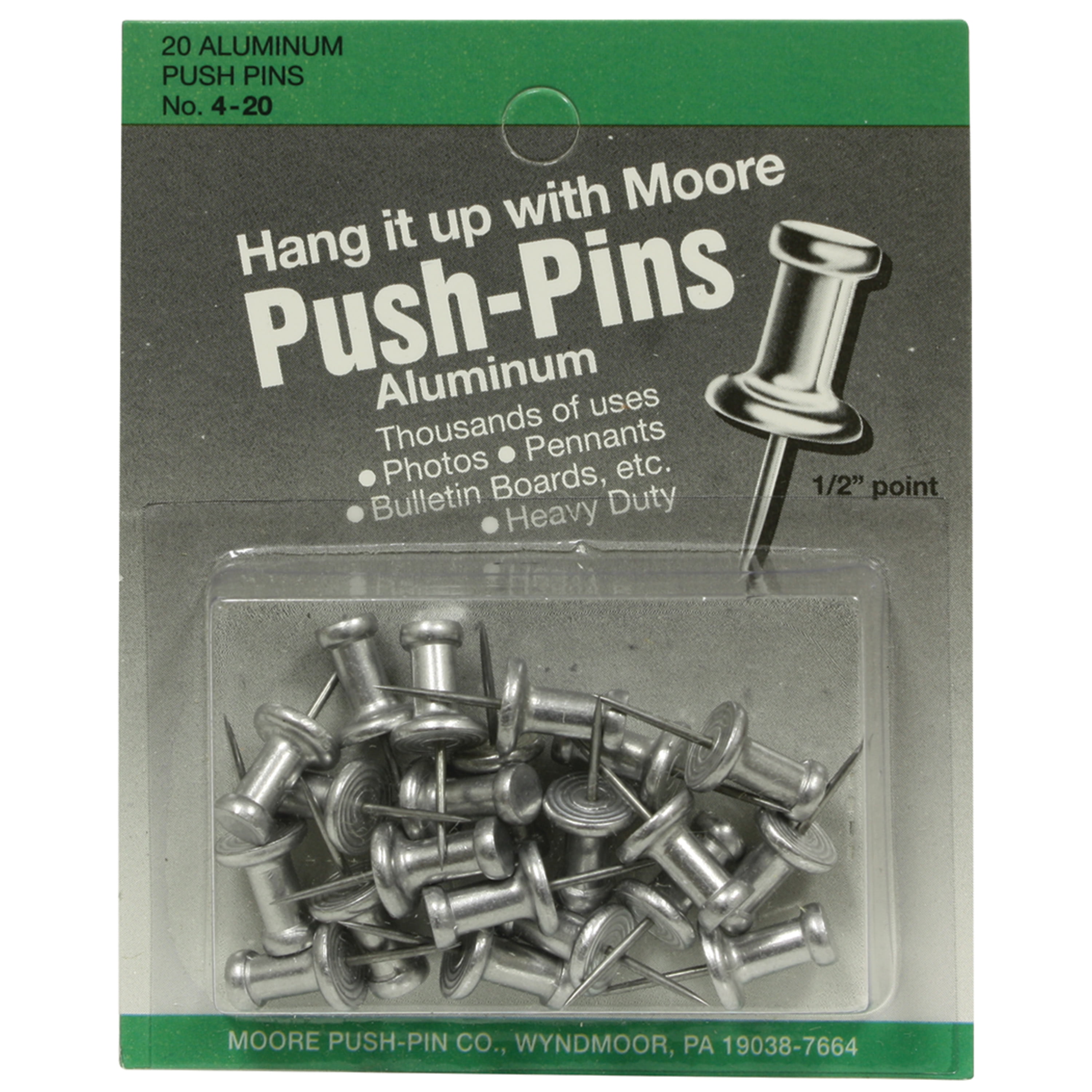 Moore Push Pins, Aluminum, 1/2", 20/Pkg.