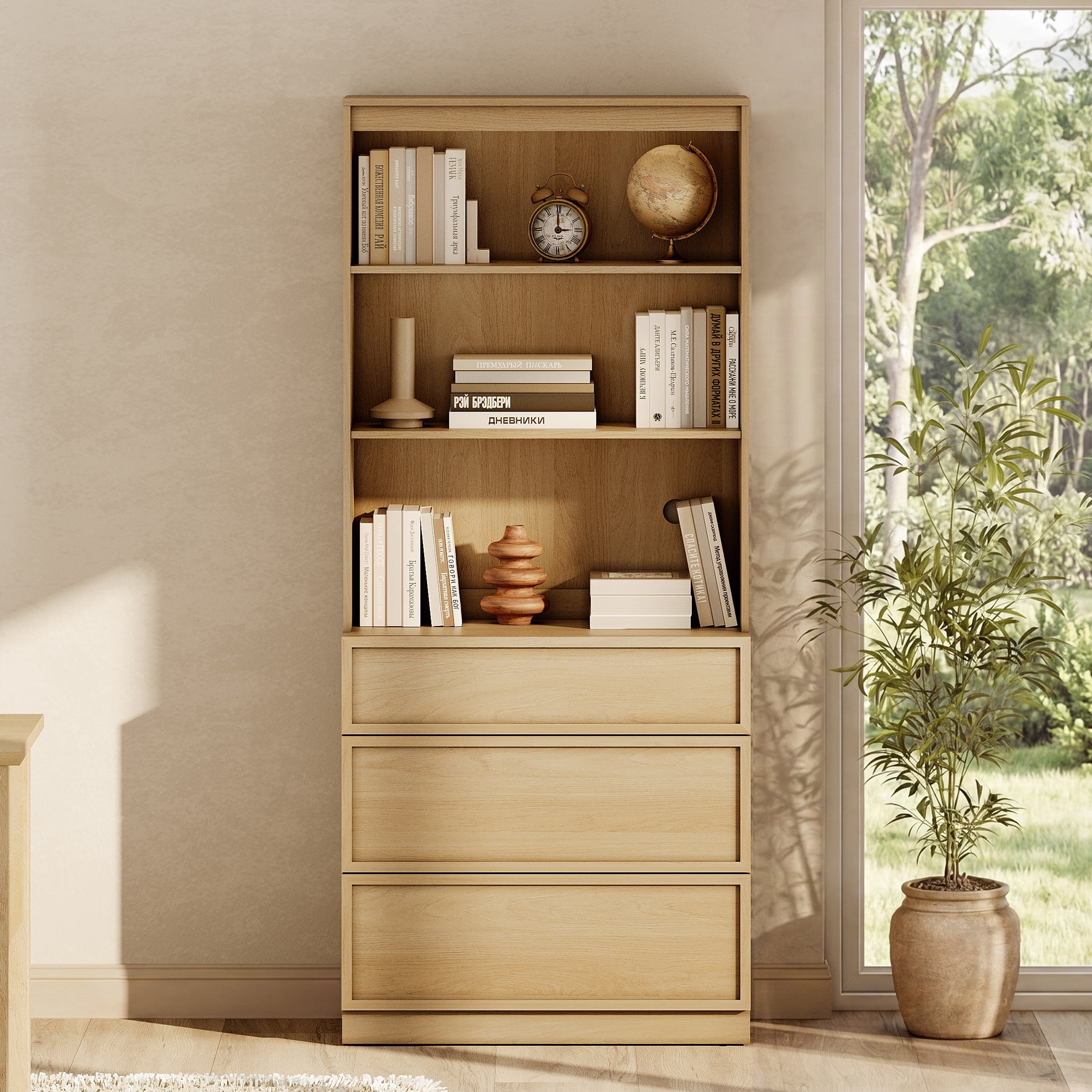Modern 72" Tall Bookshelf with 3 Drawers and Open Book Shelves,Wood Freestanding Book shelf for Home Office, Living room,Oak