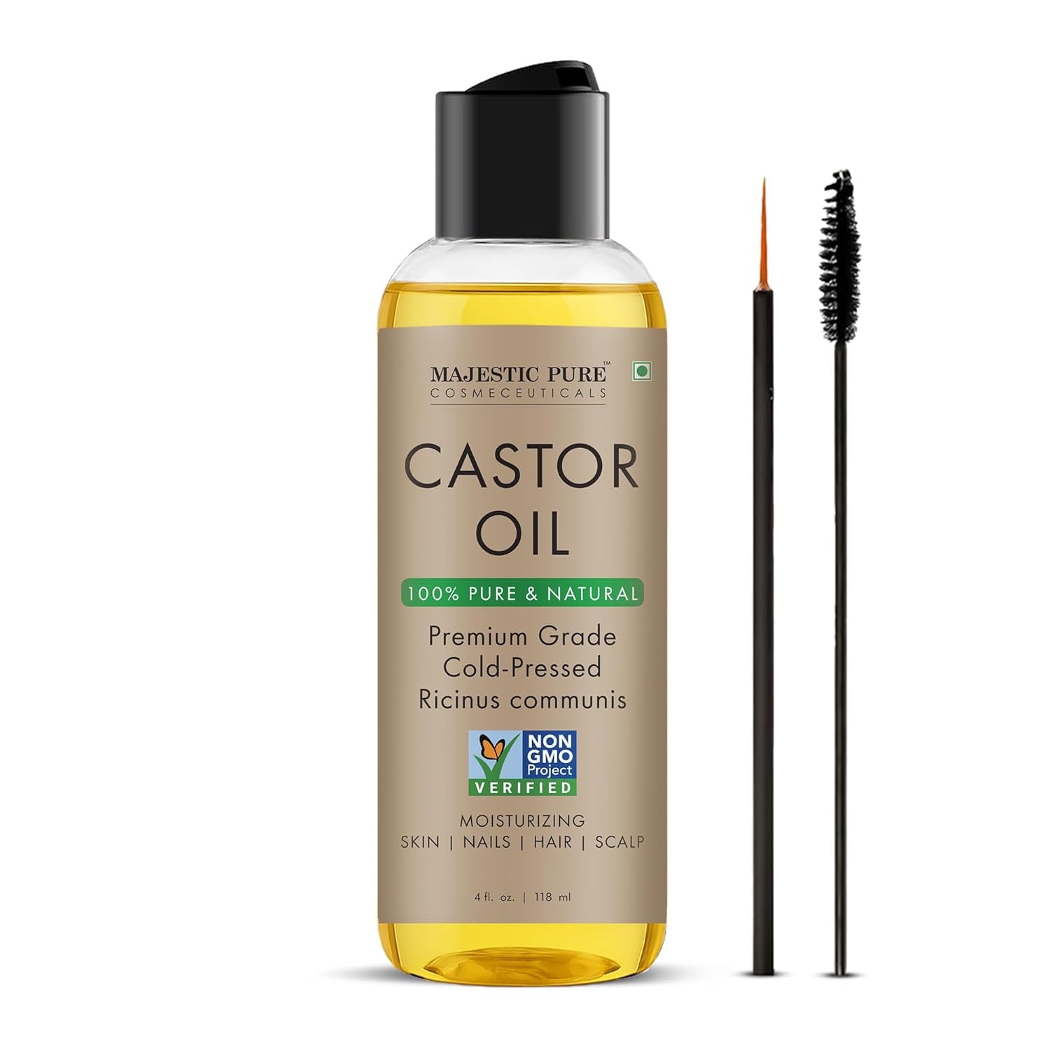 Majestic Pure Castor Oil | 100% Natural | Premium Grade Cold Pressed | Hair, Eyelashes, Eyebrows, Nails | Moisturizing & Nourishing | Body, Hair & Carrier Oil | 4 Fl Oz