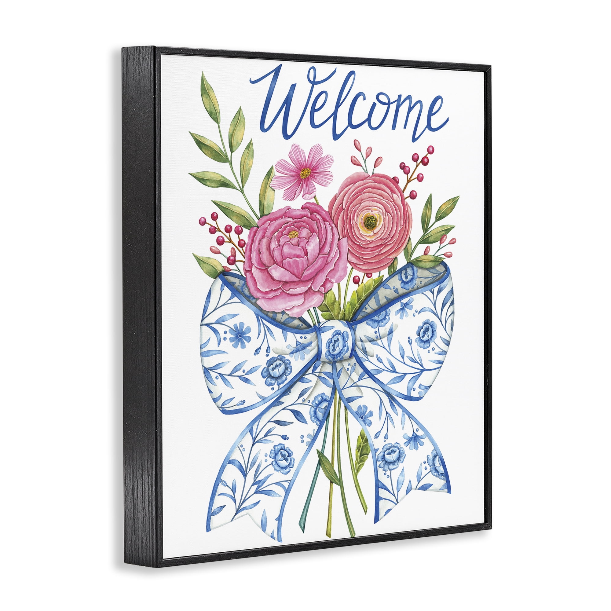 Stupell Industries Bow & Flowers Welcome Black Framed Giclee Art, design by Deb Strain