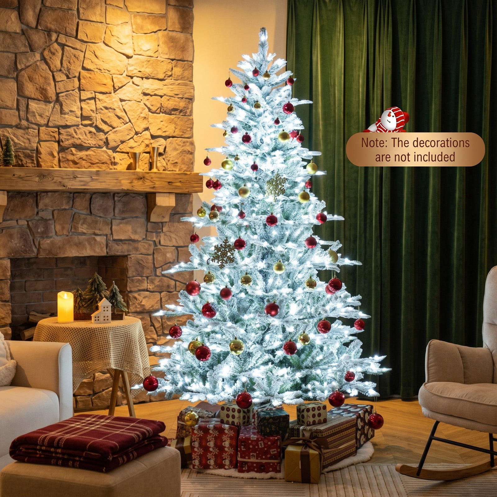 RUIE 7FT Snow Flocked Artificial Christmas Tree, Pre-Lit with 620 Cool White LED Lights, Remote & Timer, Hinged Metal Stand Holiday Tree, Green & White