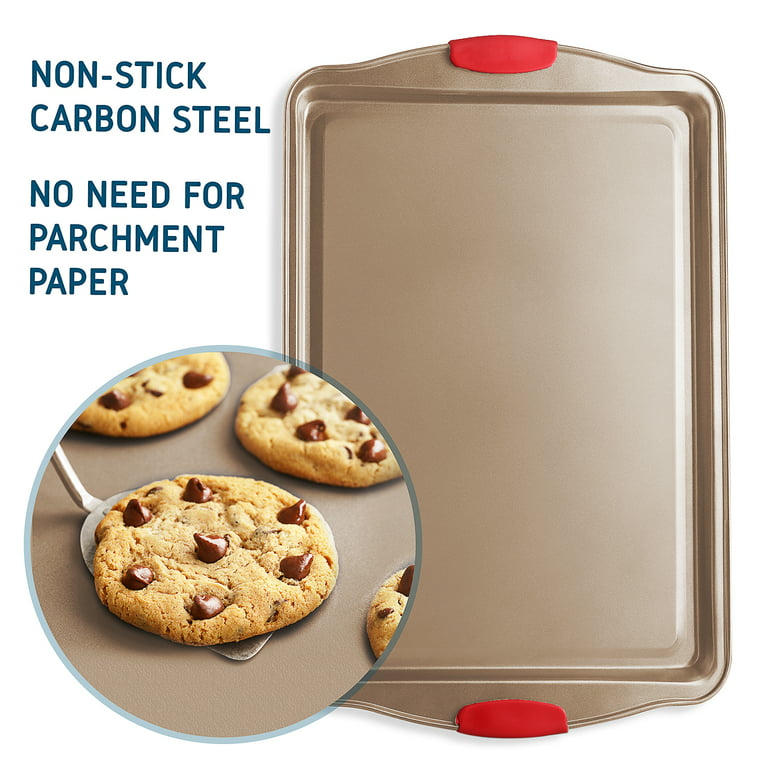 Joytable Cookie Sheet Pan Set, 8 pcs Nonstick Baking Pan Sheet Set with Red  Silicone Handles, Brown 
