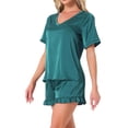 thumbnail image 4 of INSPIRE CHIC Women's Satin Pajama Set Short Sleeve Shirts with Ruffle Shorts Loungewear L Green, 4 of 6