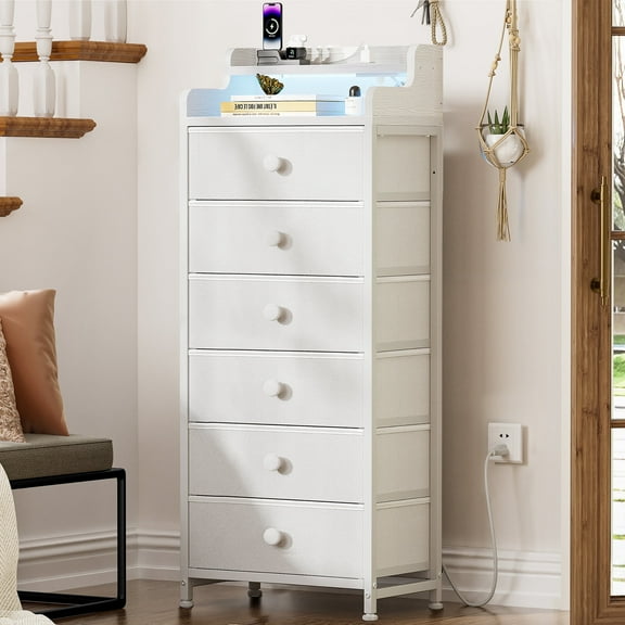 GUNAITO Tall Led Dresser for Bedroom with 6 Drawers Chest of Drawers Fabric Storage Bin White