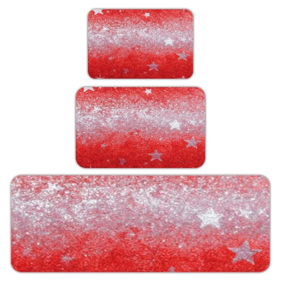 RKSupls Kitchen Rug Set 3 Piece Anti-Slip Flannel Floor Mats, Red Glitter Star Washable Absorbent Runner Mats for Kitchen Bathroom Home Decor