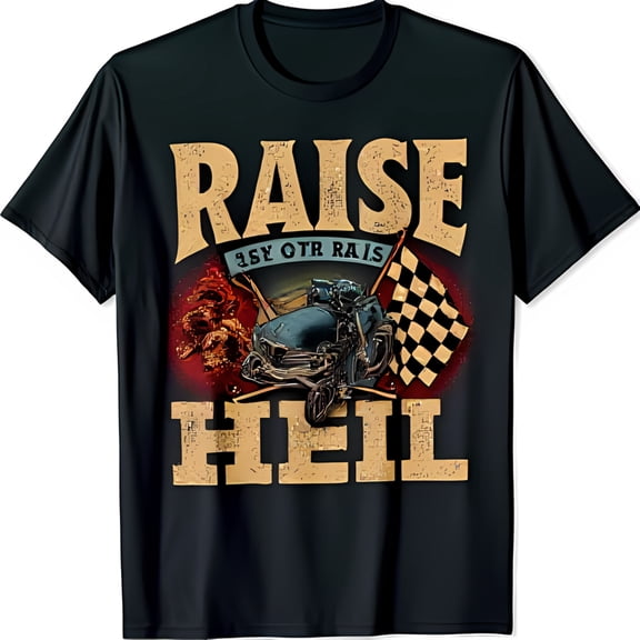 Vintage Car Illustration T-Shirt with Flames & Checkered RAISE HELL Graphic Tee for Men
