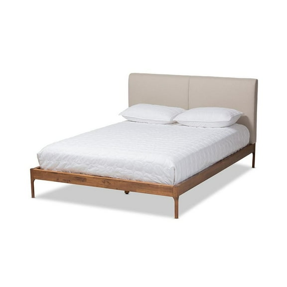 Baxton Studio Aveneil Mid-Century Modern Beige Fabric Upholstered Walnut Finished Queen Size Platform Bed