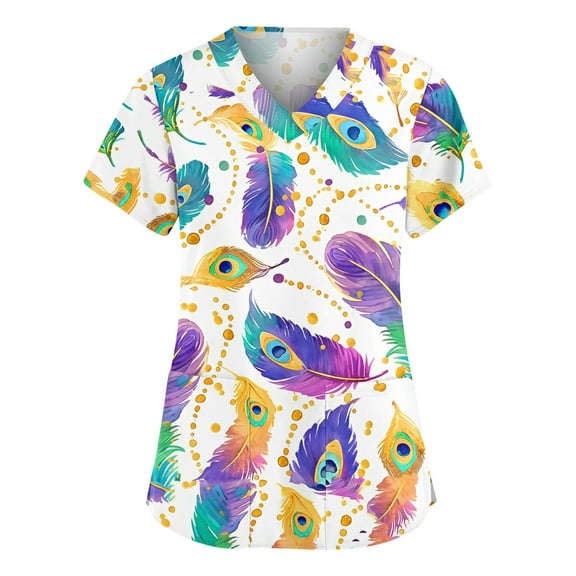 Hearthz Mardi Gras Scrubs Tops Fat Tuesday Carnival Women's Shirt V Neck Short Sleeve Nurse Working Uniforms with Pocket S-5XL