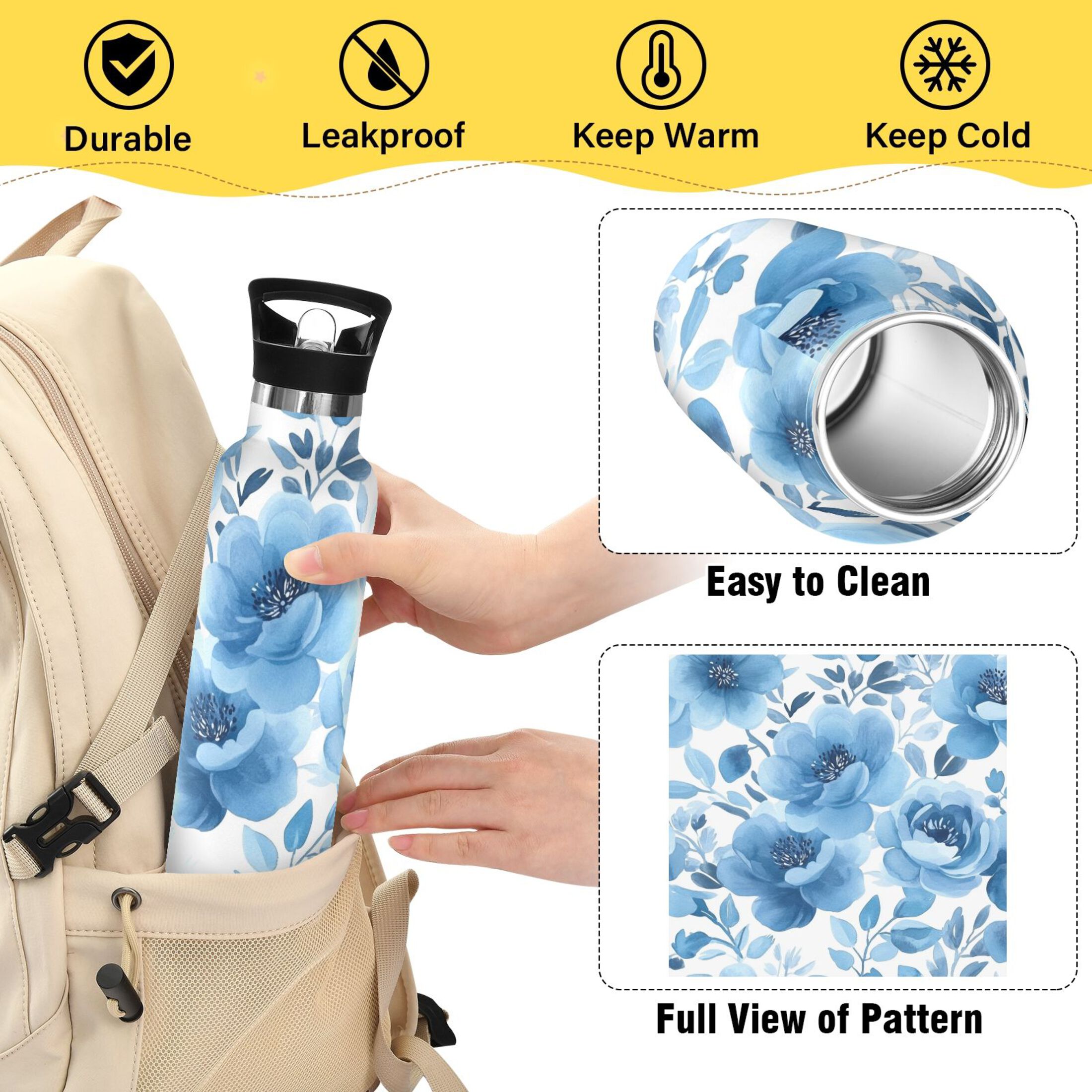 600ML Stainless Steel Insulated Cup Sports Water Bottle Portable Thermos Cup Water Glasses Insulated Tumblers Convenient and Durable Cartoon Blue Flower