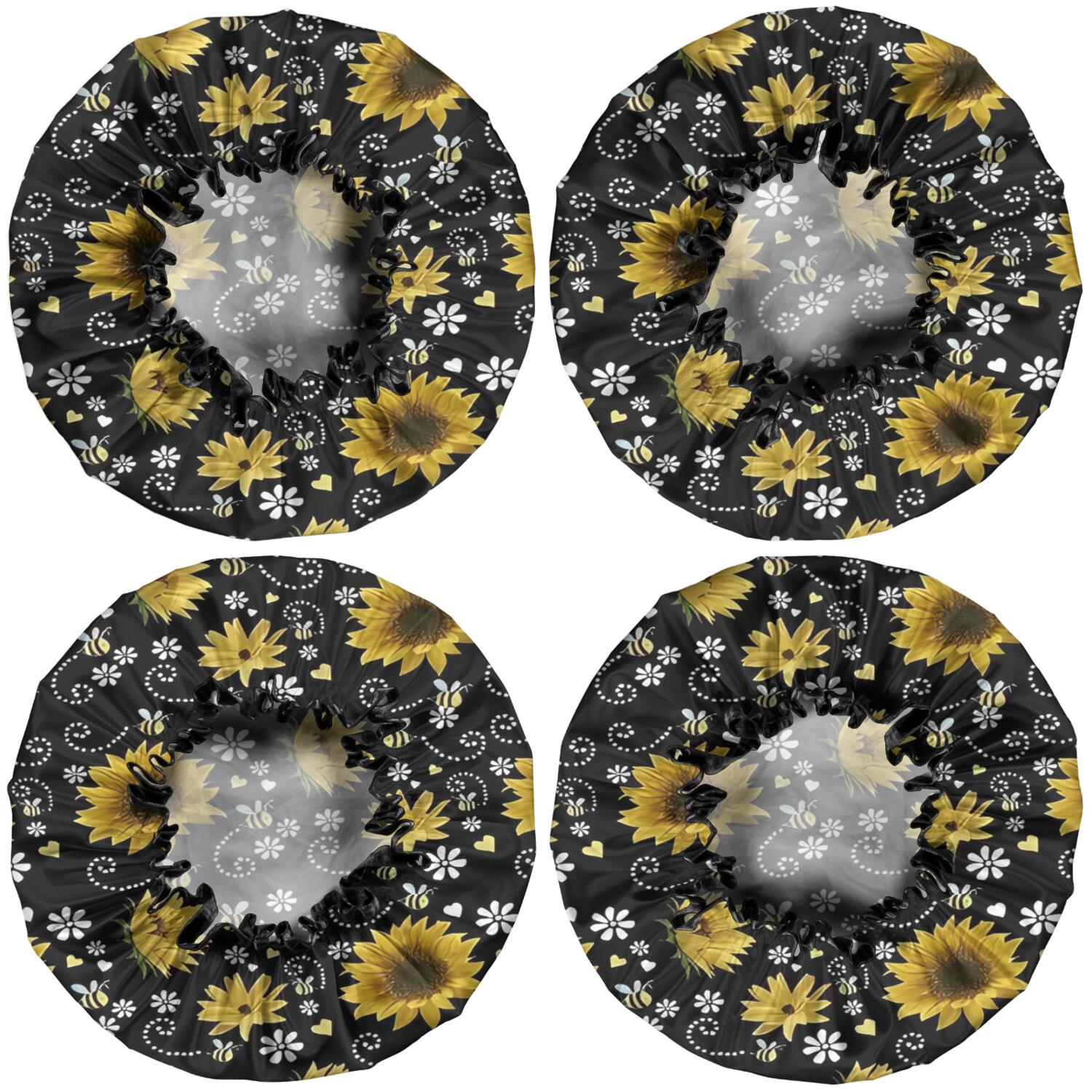 Shower Caps,Black White Bee Heart Sunflower Pattern Waterproof Shower Cap for Women 4 Pieces,Double Reusable Hair Cover for Shower PEVA Elastic Stretch Hem
