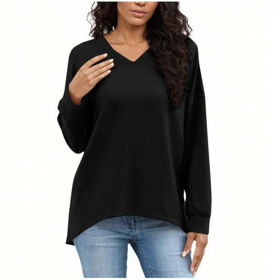 Cotton Long Sleeve Tops Womens V Neck Loose Casual High Low Hem T-shirts Drop Shoulder Solid Tee Tshirts (L, Black)