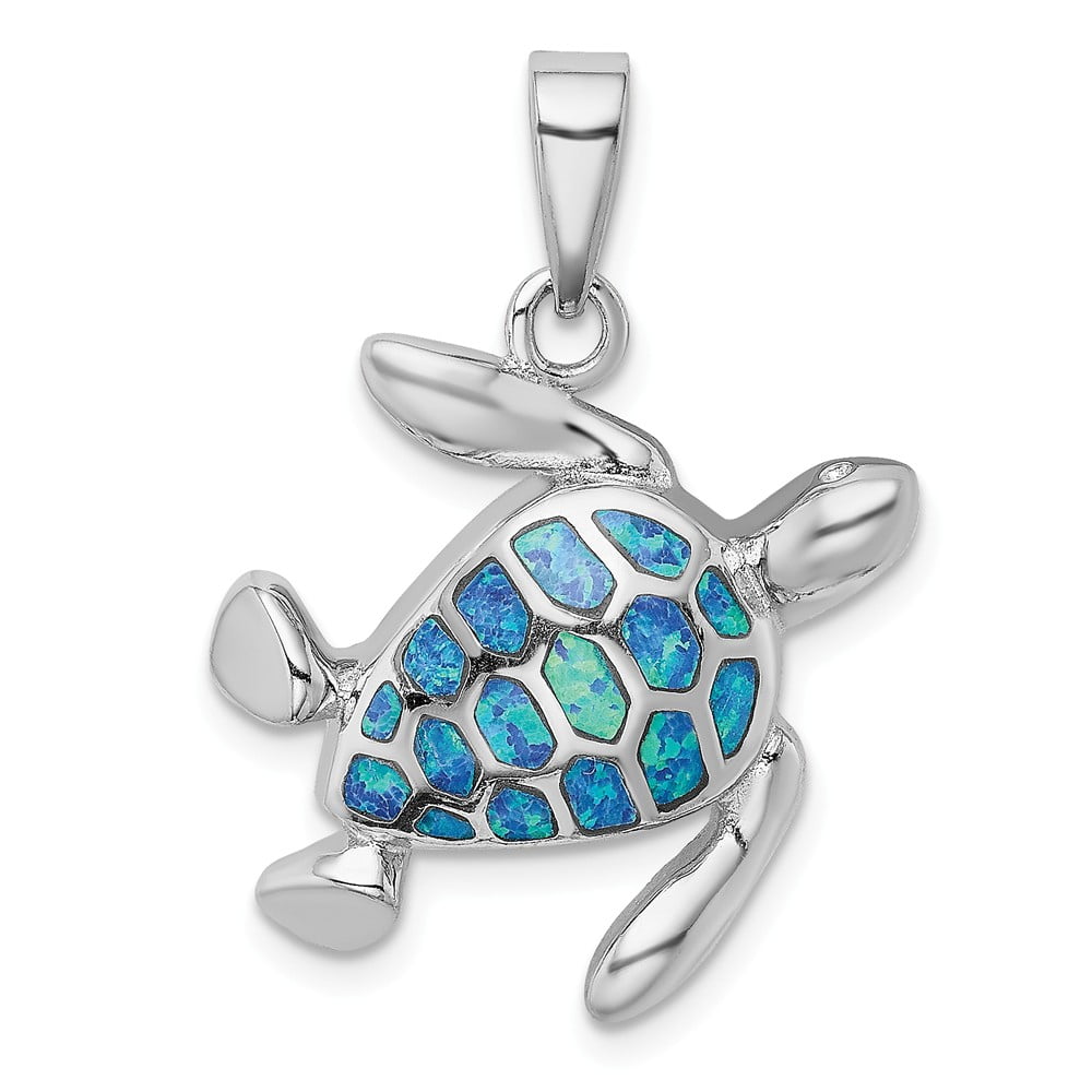 Sterling Silver Synthetic Blue Opal Turtle Oval Pendant 
