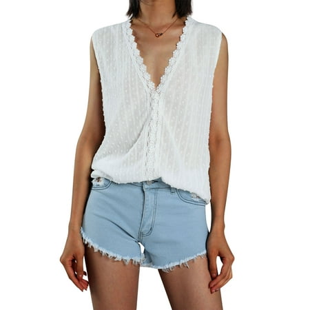 

Women Summer Tank Tops Solid Color Lace Trim V-Neck Sleeveless Vest