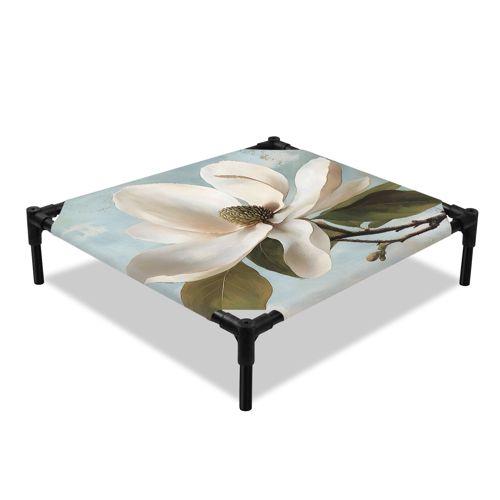 White Floral Elevated Dog Bed Country Vintage Botanical Cream Flower Green Leaf Cooling Breathable Outdoor Raised Dog Cot Bed with Metal Frame Non-Slip Feet for Small Dog 20x20in