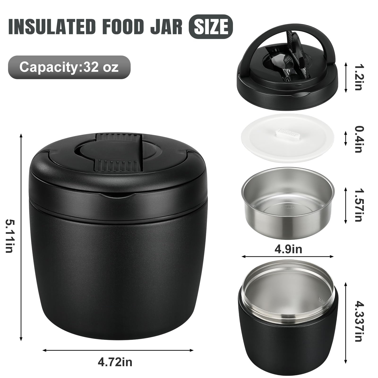Thermo Food Jar for Hot Food Adults 32OZ Soup Thermo Lunch Containers Wide Mouth Vacuum Insulated Stainless Steel Leakproof Bento Box with Spoon (Black)
