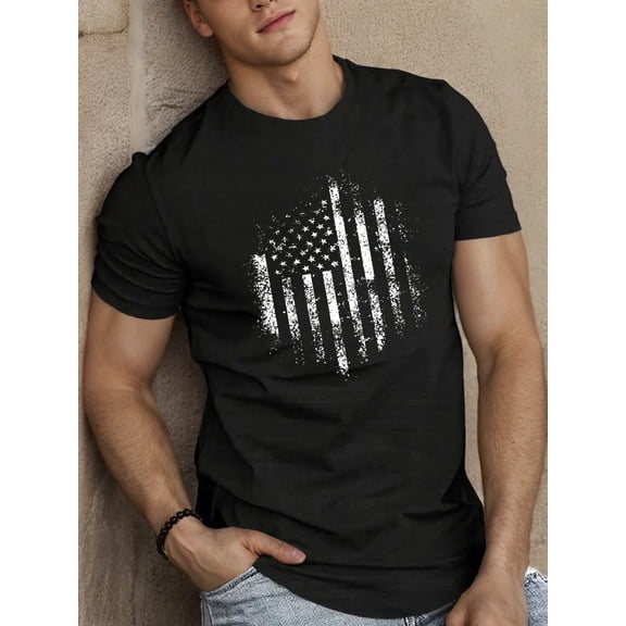 Men's Distressed American Flag Graphic T-Shirt Retro Patriotic USA Flag Short Sleeve Casual Black Tee