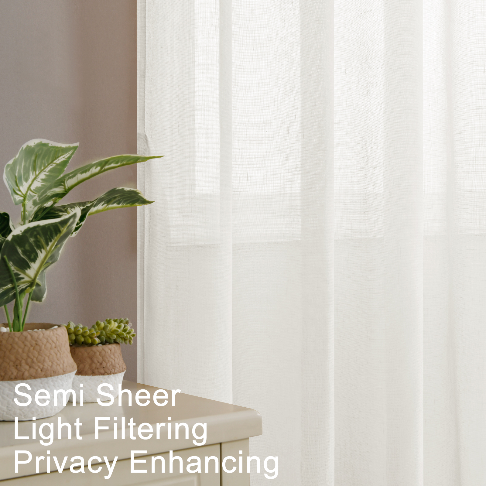 XWZO Linen Semi Sheer Curtains,Privacy Enhancing & Light Filtering Rod Pocket Drapes for Living Room with Tiebacks(Ivory,W70 x L84 Inch,2 Panels)