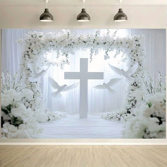 Elegant White Floral Arch Wedding Backdrop White Cross Doves First Baptisms Photography Background Luxurious Flower Bridal Shower Engagement Party Decorations Banner Supplies Photo Booth Props