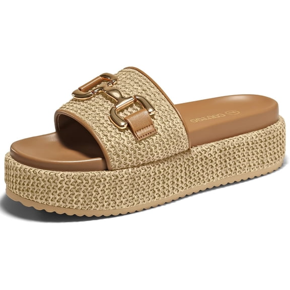Womens Platform Sandals Raffia Espadrilles Metal Chain Slip on Open Toe Cute Beach Slide Sandals