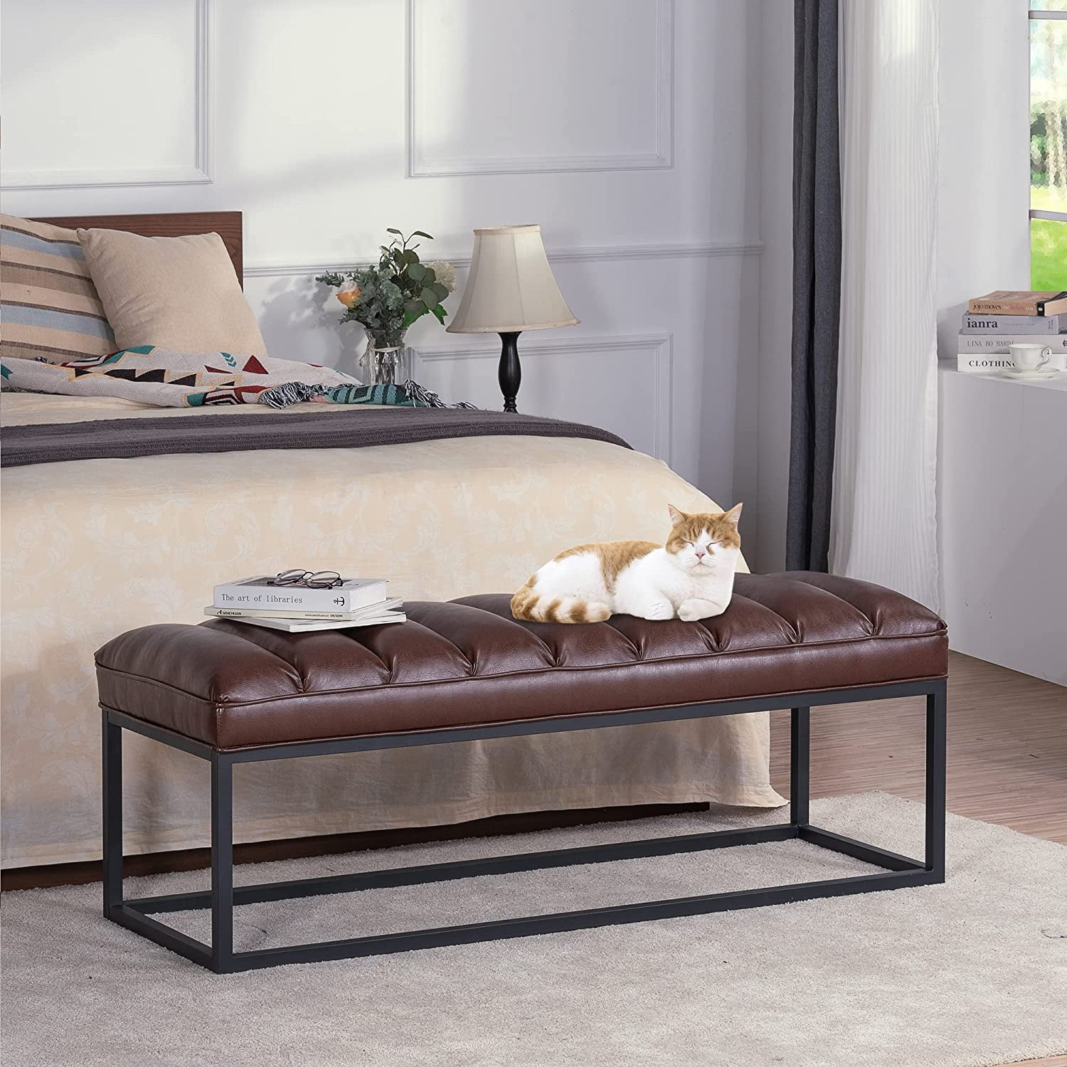 pu leather upholstered bedroom bench end of bed channel tufted window  entryway benches with under storage soft padded living room ottoman bench  foot