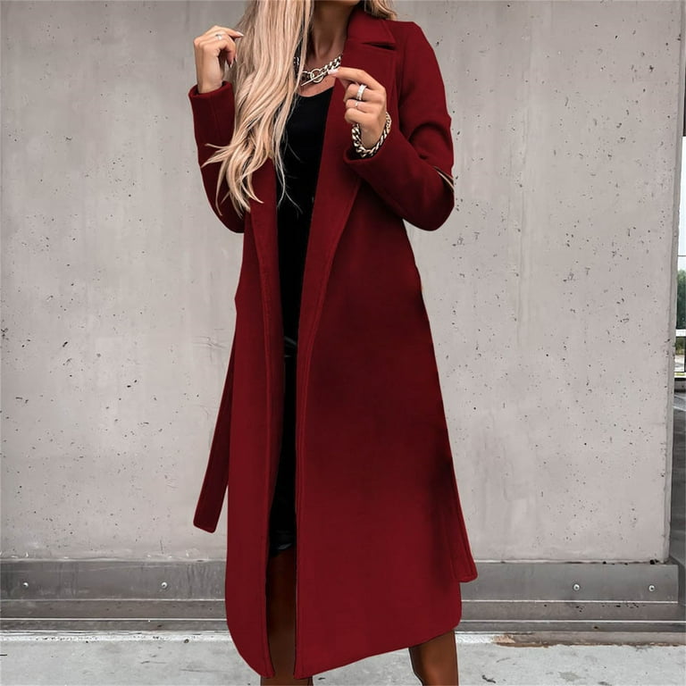 CILENON Long Jackets for Women Trendy Women s Faux Wool Coat Blouse Thin Coat Trench Long Jacket Ladies Slim Long Belt Elegant Overcoat Outwear Red XL Walmart
