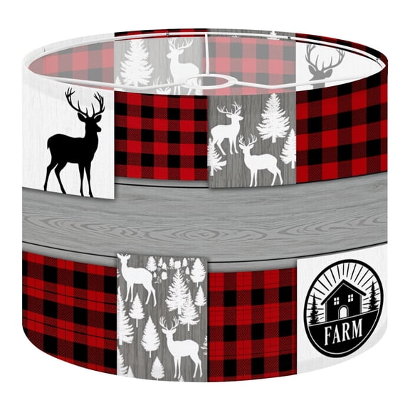 Linen Drum Lampshades Plaid Deer Forest Patchwork Red Black Gray Rustic Farmhouse Style 13"x13"x10" Light Shade for Table Lamps Floor Lamps Drum Lamp Shades Lampshade Replacement Assembly Required