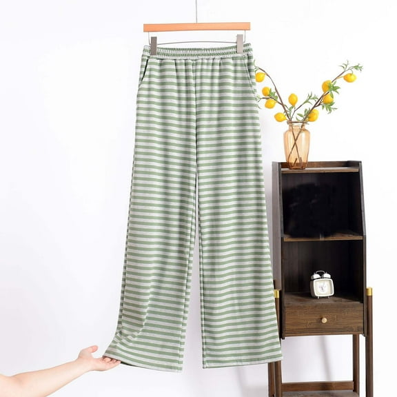 Sunvit-Panties Pajamas Womens Green Striped Plus Size Sleep Pants - Soft Nylon Spandex Wide Leg, Elastic Waist with Pockets, Skin-Friendly, XL to XXXXL for Womens Lounging,Size 2XL