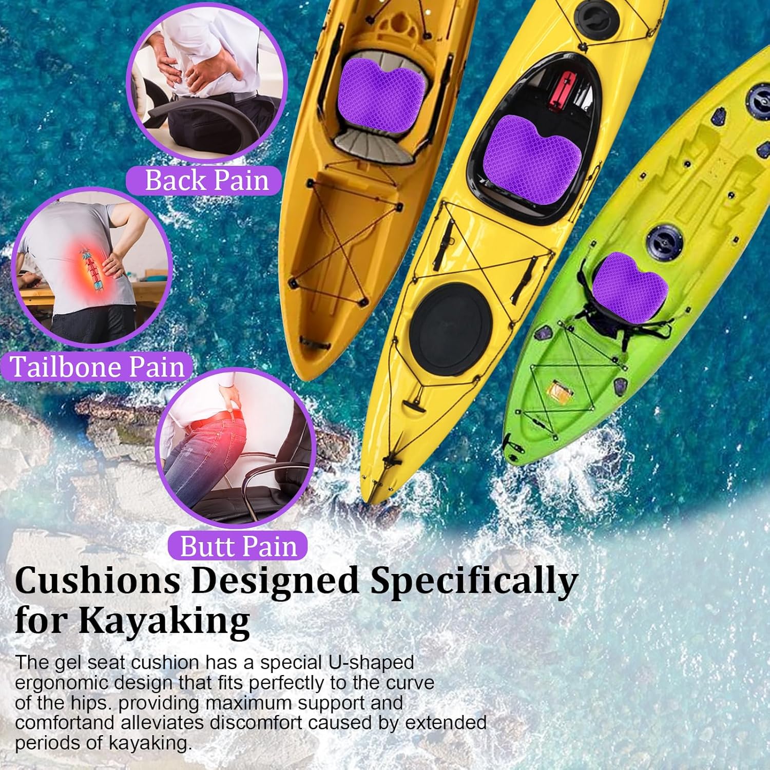 Anti-Slip Kayak Seat Cushion - Waterproof Thicken Gel Boat Kayak Canoe Rowing Stadium Pad for Sit in Kayak Chair Kayak Accessories Equipment Gear for Fishing Kayak