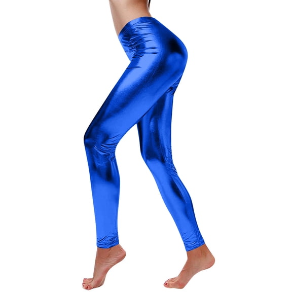 Womens Shiny Metallic Faux Leather Skinny Leggings, High Waist Stretch Tight Pants for Party Club Royal Blue S