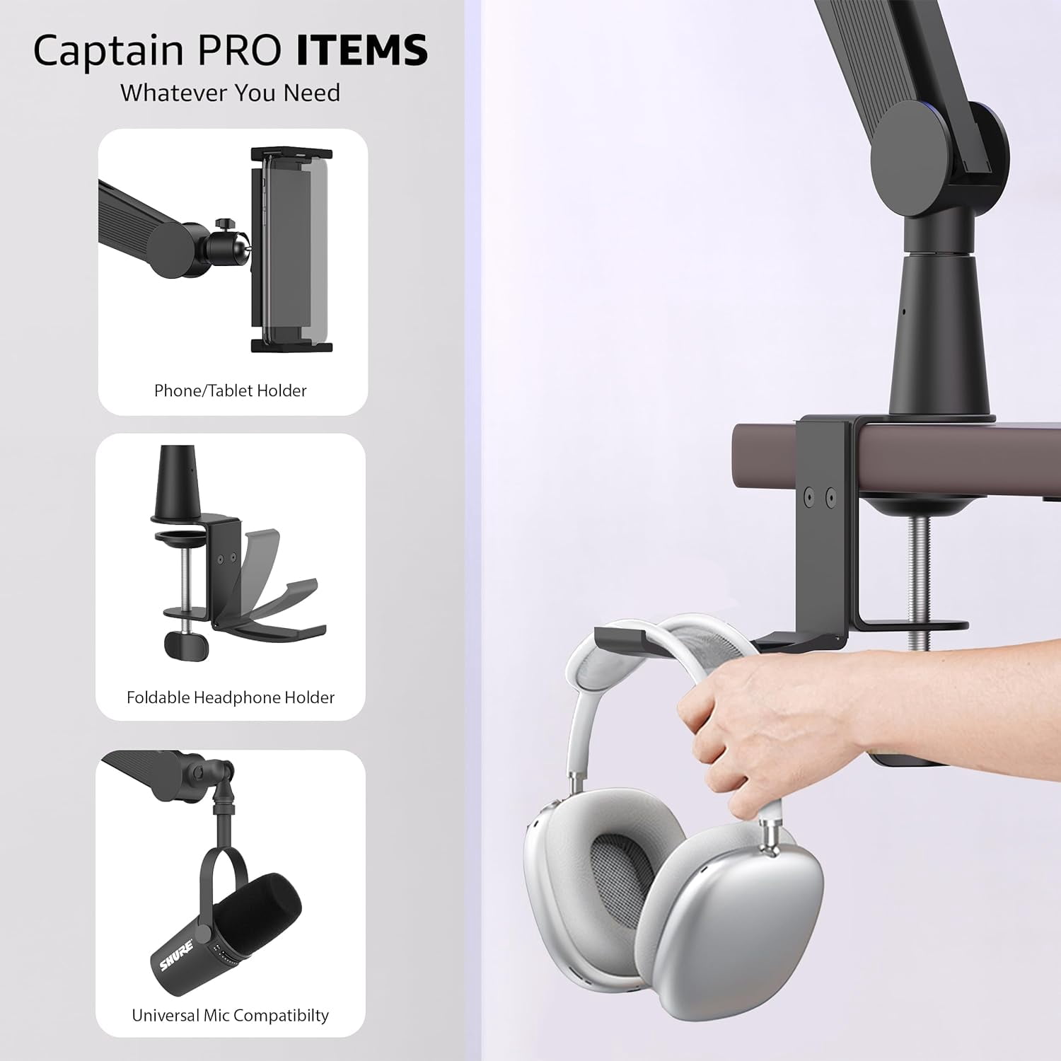 IXTECH Mic Boom Arm Microphone Arm for Blue Yeti Shure Sm7b Hyperx QuadCast Rode At2020 and Fifine Upgraded Mic Stand with Tablet and Headphone Holder for Gaming Podcasting and Streaming CAPTAIN PRO