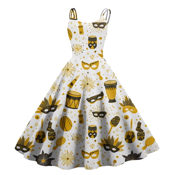 Fgvctg Mardi Gras Dresses for Women 2025 Carnival Crewneck Cocktail Dresses Glitter Mask Print Trendy 1950s Tea Dress Vintage Sleeveless Oversized Parade Party Clothes Earthy Yellow 2XL
