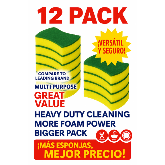 12 Pack Non-Scratch Scrub Sponges for Dishes, Heavy Duty Kitchen Sponge, Multipurpose Scrubber, Durable, Odor-Free, Safe on Nonstick Cookware, Pots, Pans, Countertops