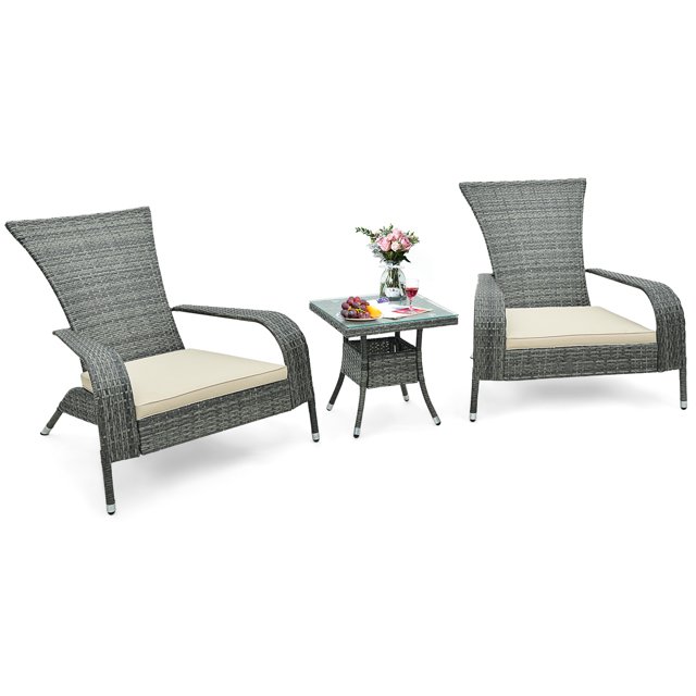 Patiojoy 3-Piece Wicker Adirondack Set Ergonomic Oversized Rattan Chairs w/ Coffee Table Comfy Seat Cushions