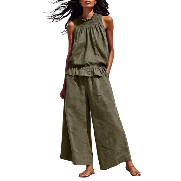 Guluxicc 2 Piece Womens Outfit Sets Linen Mock Neck Sleeveless Smocked Ruffle Hem Top High Waist Wide Leg Pants Outfits with Pockets