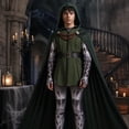 thumbnail image 4 of Dark Green Sorcerer Villain Cosplay Costume Printed Armor Jumpsuit with Hooded Cape 2-Piece Set for Halloween Stage Performance, 160, 4 of 5