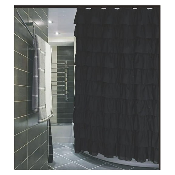 Ruffled Shower Curtain 72x72 Inch, Black Fabric Bathroom Curtain