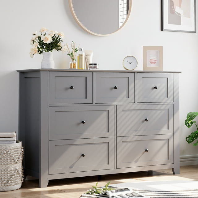 Commode Moderne à 7 Tiroirs, Commode en Bois pour Chambre, Commode Double à Rangement Profond pour Salon, Couloir, Organisation d'Entrée