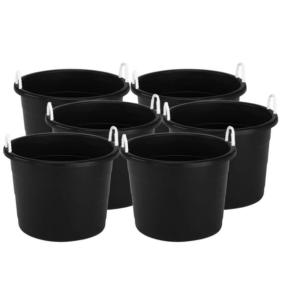 Homz 18 Gallon Utility Storage Bucket Tub with Rope Handles, Black, 6 Pack