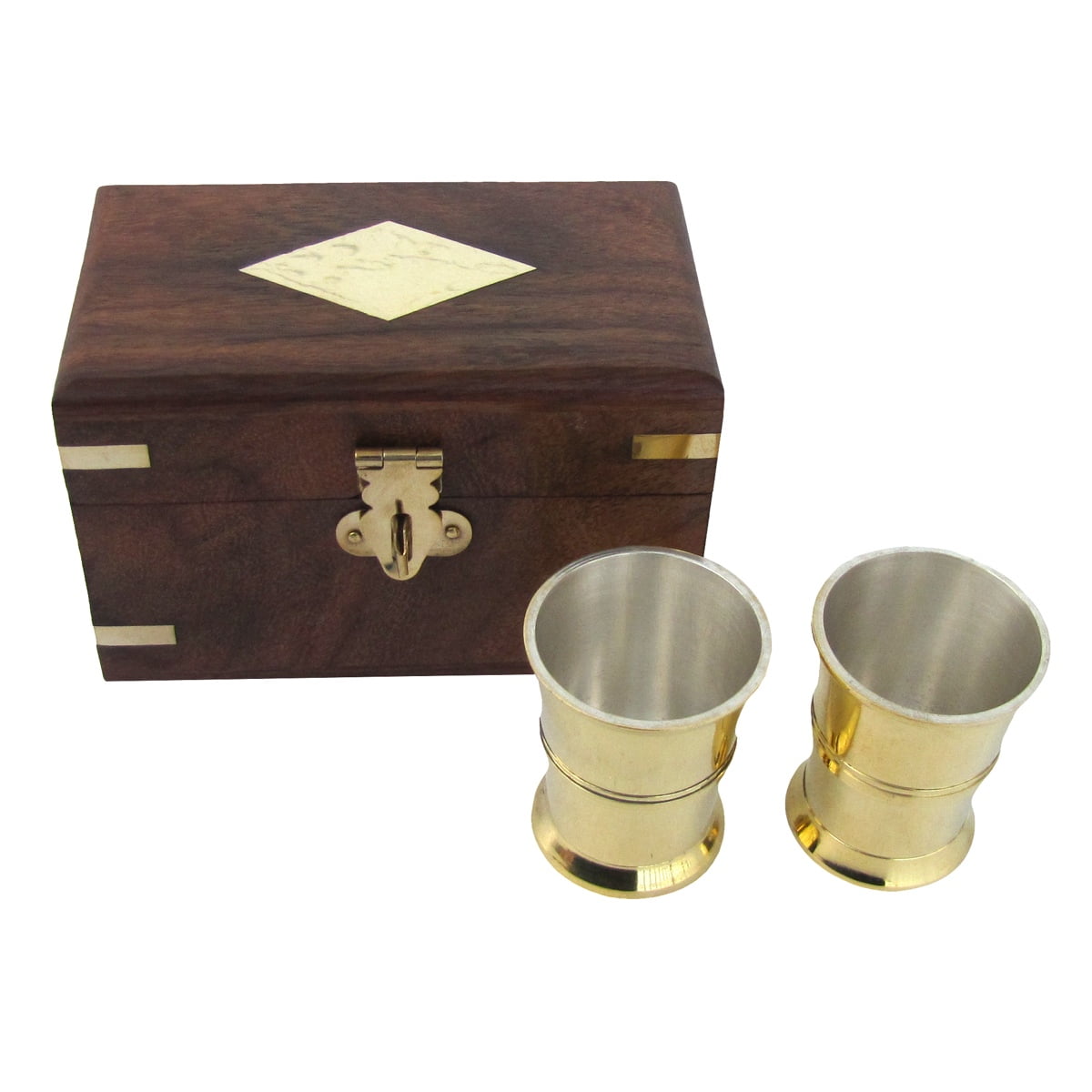 Solid Brass Wooden Maritime Nautical Liquor Shot Glasses Set w Wooden Box 
