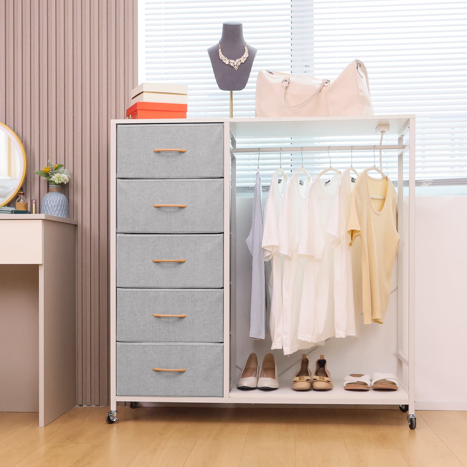 Walsport Dresser for Bedroom with Clothes Rack, 5 Drawers Dresser with Charging Station & LED Lights,Storage Chest of Drawers with Wheels, Wooden Top, Lockable Wheels, Bedroom, Closet(White)