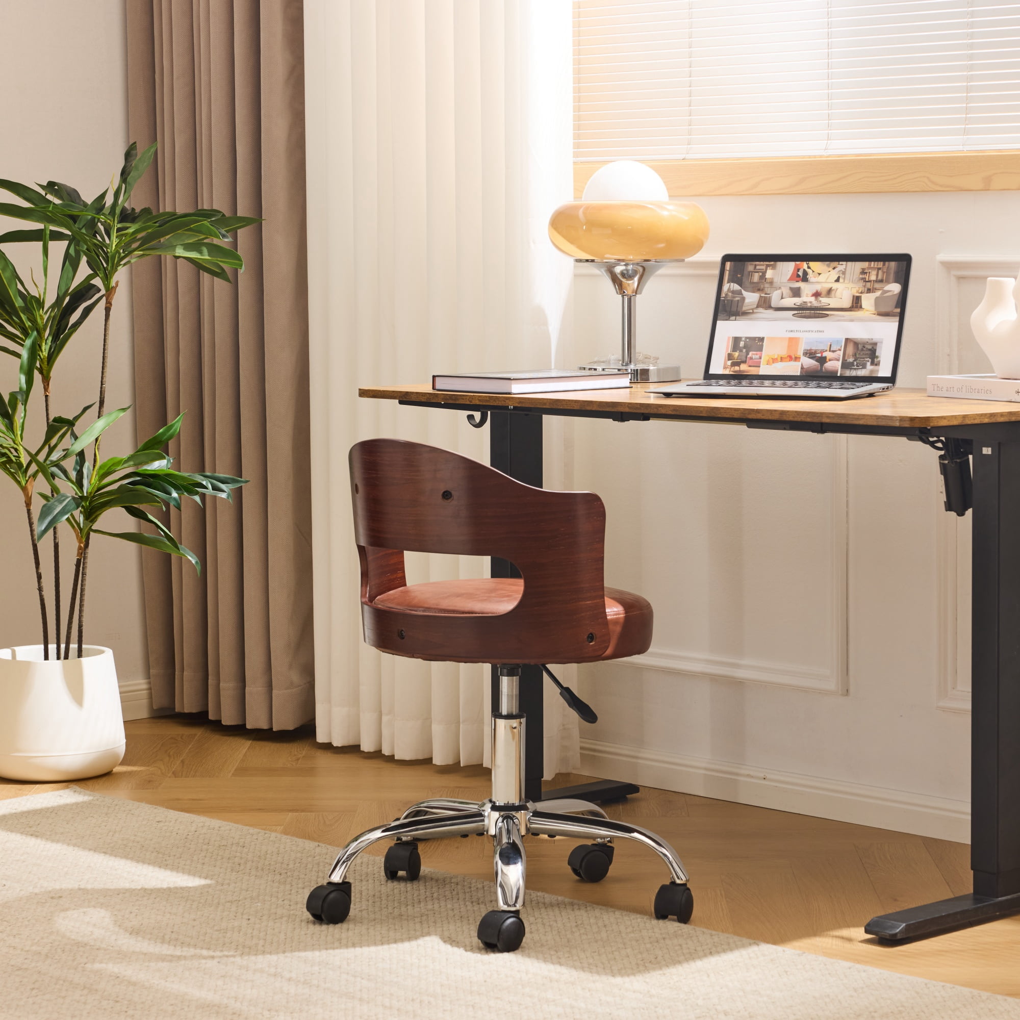 Zimtown Faux Leather Home Office Desk Chair, Swivel Rolling Computer Chair, Adjustable Vanity Chair Modern Task Chair for Adults, Brown