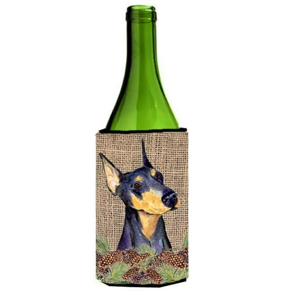 Doberman on Faux Burlap with Pine Cones Wine bottle sleeve Hugger 24 oz.