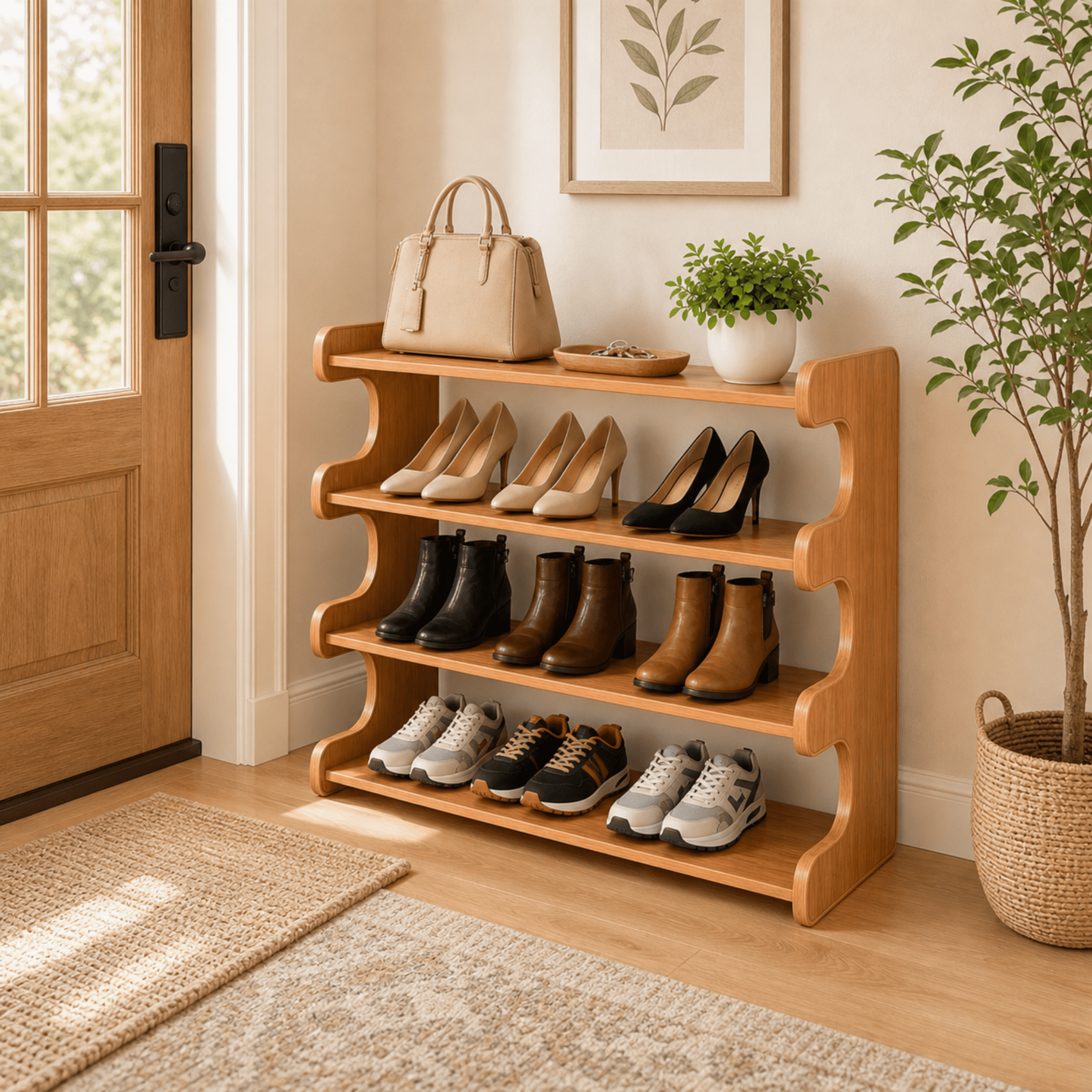 MEHOOM 4 Tier Bamboo Shoe Rack Organizer, Sturdy Shoe Storage Shelf for Closet, Entryway, Dorm & Garage, 28"x11"x20" (Natural)